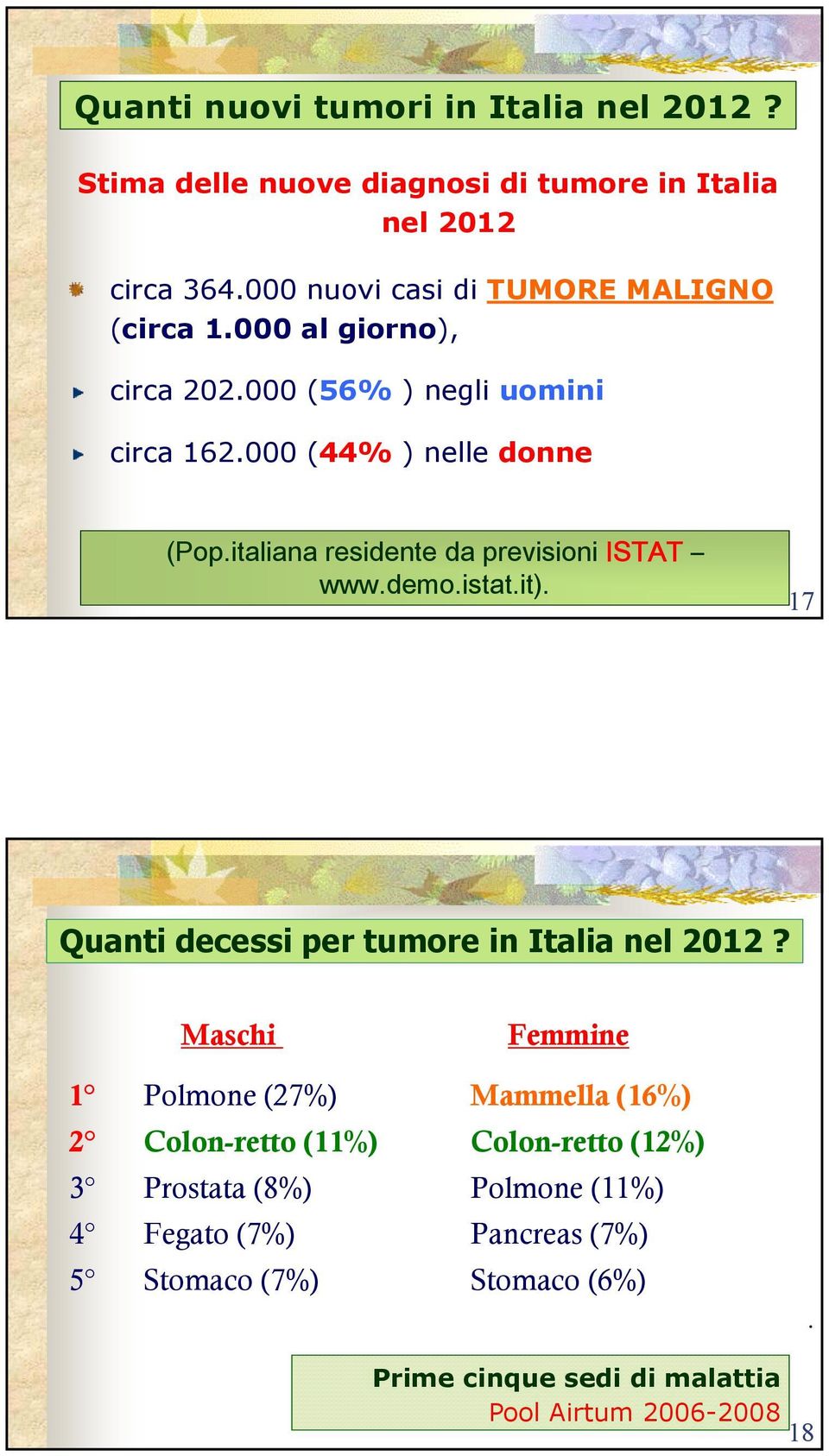 italiana residente da previsioni ISTAT www.demo.istat.it). 17 Quanti decessi per tumore in Italia nel 2012?