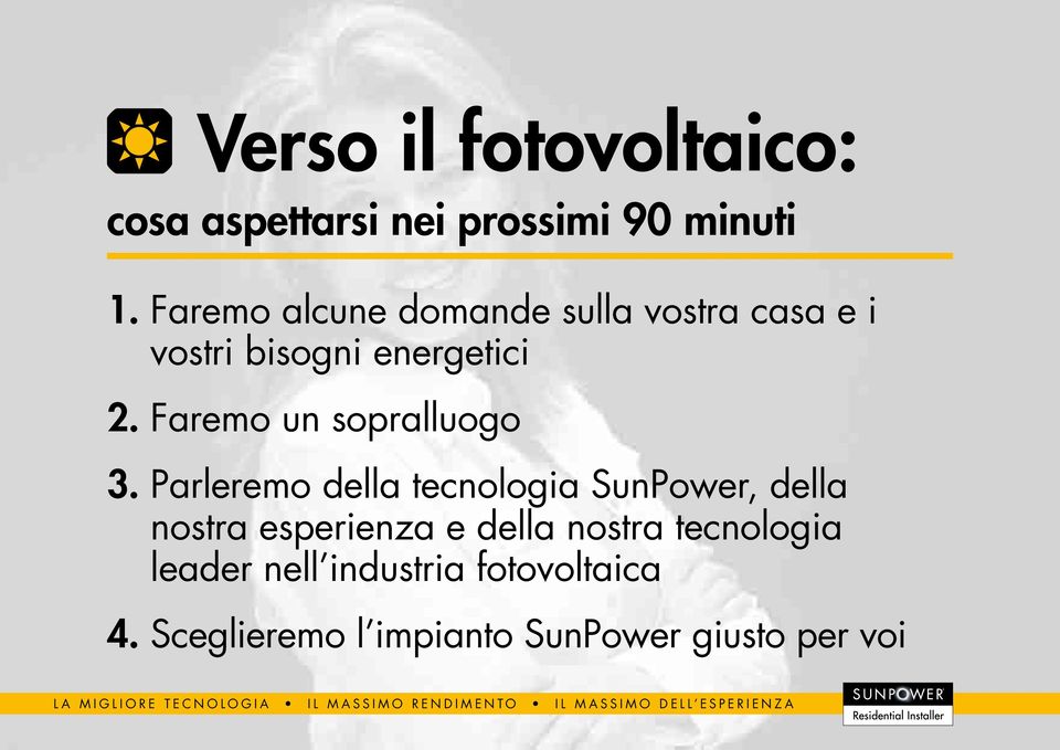 Parleremo della tecnologia SunPower, della nostra esperienza e della nostra tecnologia leader nell industria