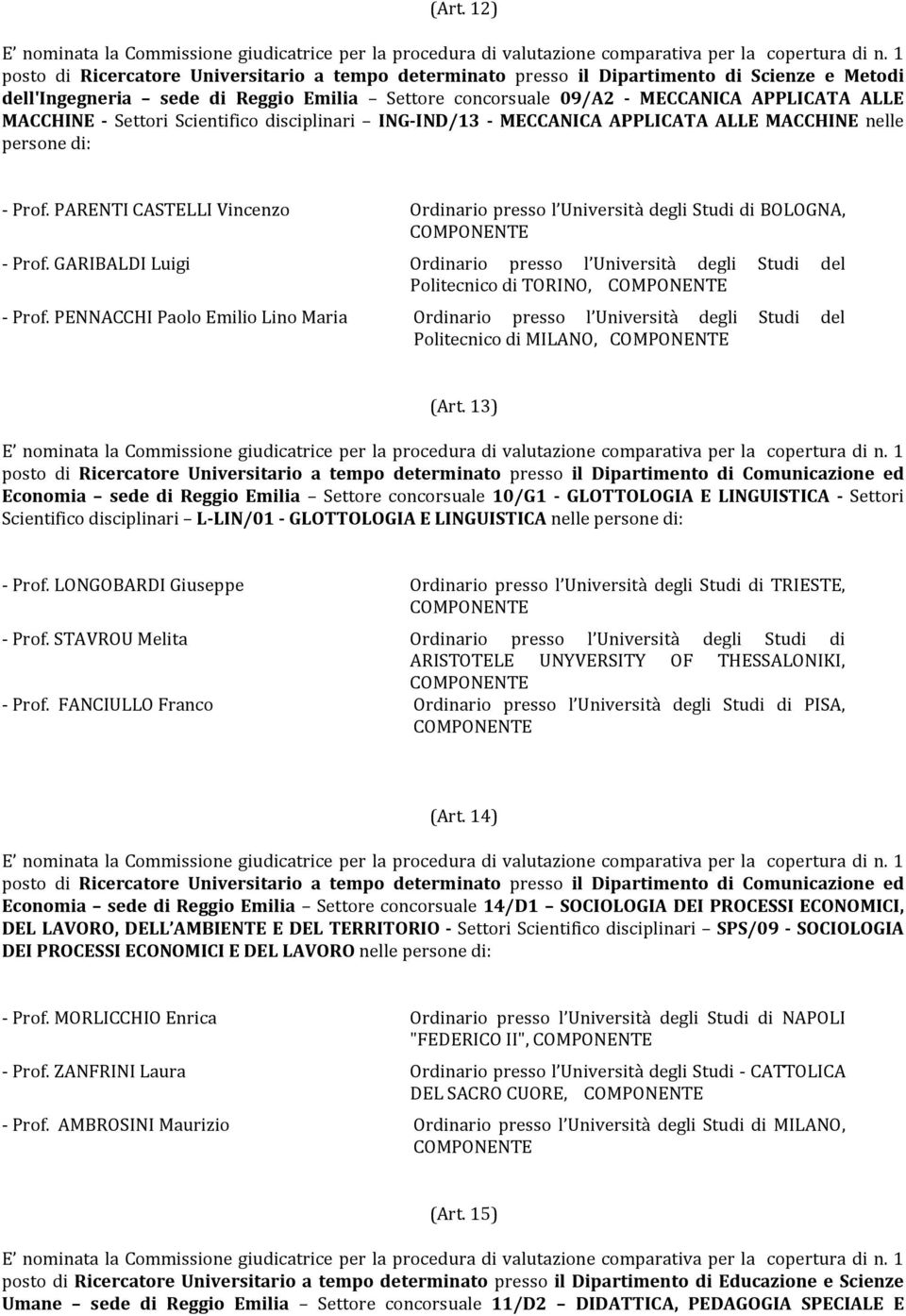 PARENTI CASTELLI Vincenzo Ordinario presso l Università degli Studi di BOLOGNA, - Prof. GARIBALDI Luigi Ordinario presso l Università degli Studi del Politecnico di TORINO, - Prof.