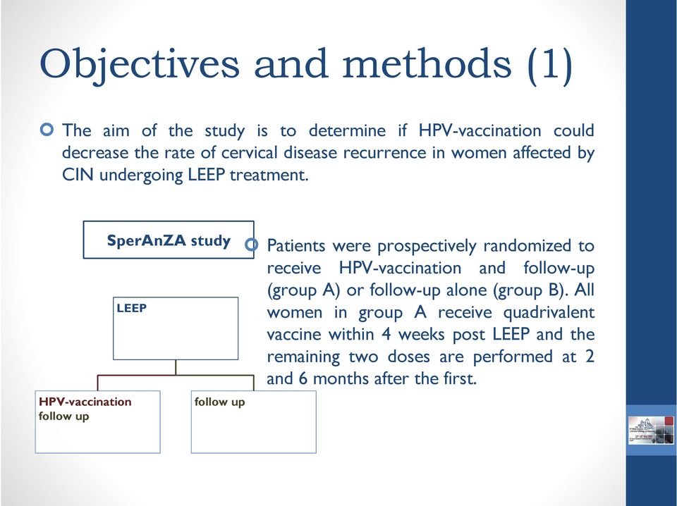 HPV-vaccination follow up SperAnZA study LEEP follow up Patients were prospectively randomized to receive HPV-vaccination and