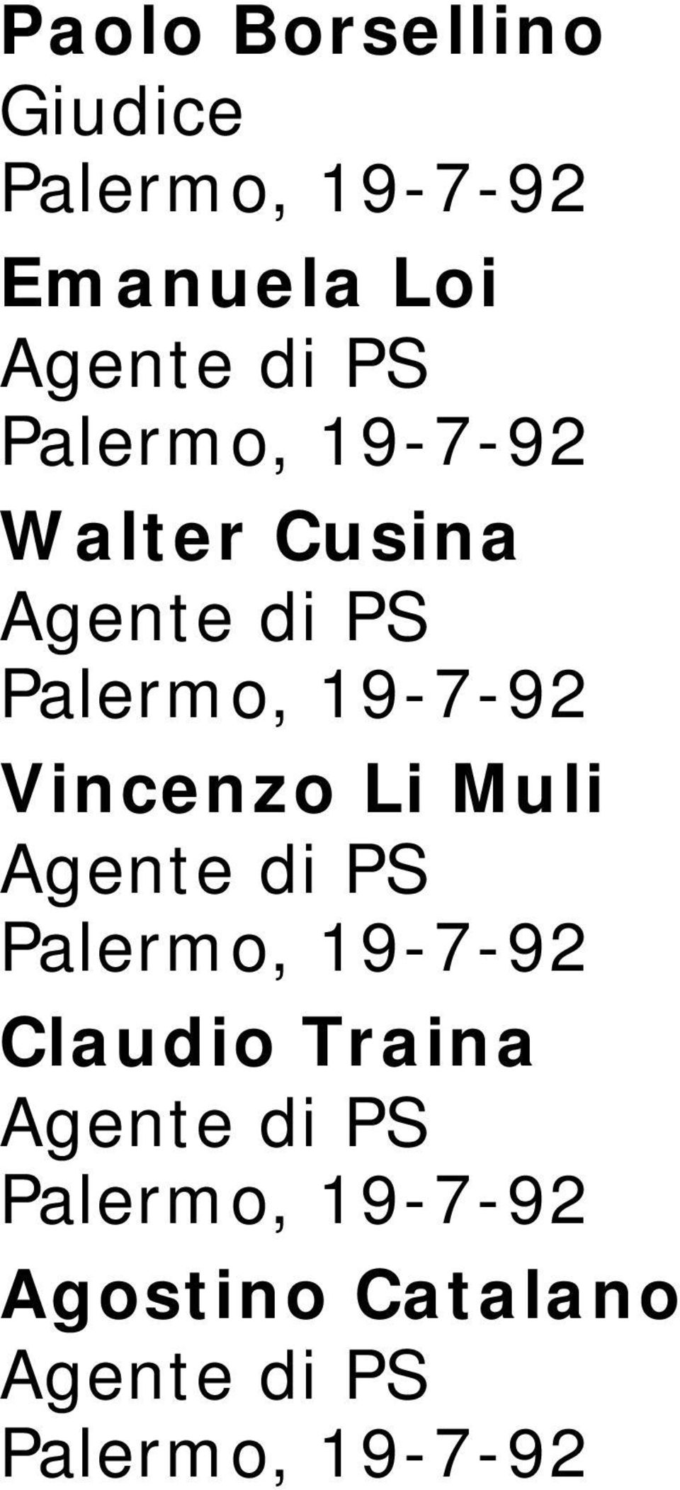 Vincenzo Li Muli Agente di PS Palermo, 19-7-92 Claudio Traina