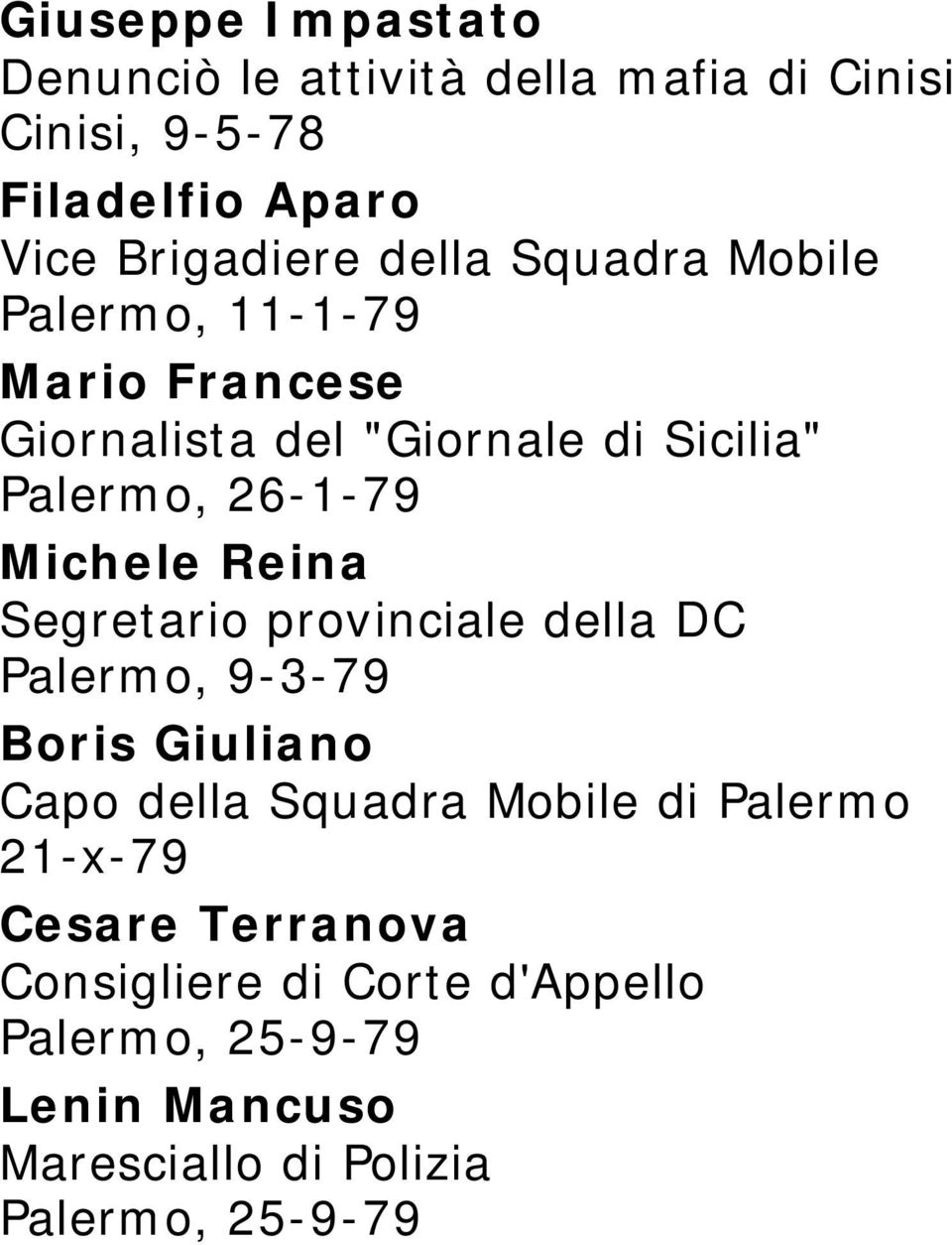 Michele Reina Segretario provinciale della DC Palermo, 9-3-79 Boris Giuliano Capo della Squadra Mobile di Palermo