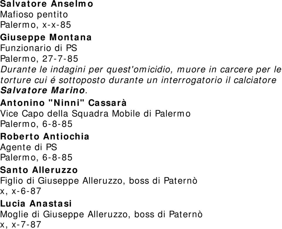 Antonino "Ninni" Cassarà Vice Capo della Squadra Mobile di Palermo Palermo, 6-8-85 Roberto Antiochia Agente di PS Palermo, 6-8-85