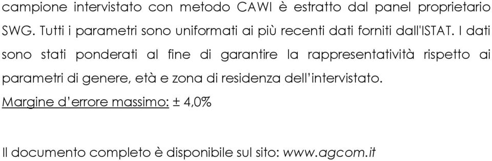 I dati sono stati ponderati al fine di garantire la rappresentatività rispetto ai parametri di