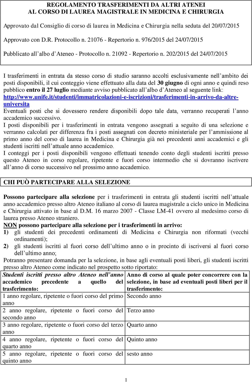 202/2015 del 24/07/2015 I trasferimenti in entrata da stesso corso di studio saranno accolti esclusivamente nell ambito dei posti disponibili, il cui conteggio viene effettuato alla data del 30