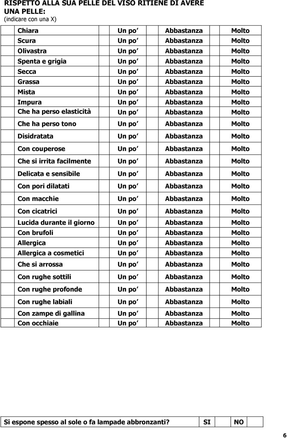 Disidratata Un po Abbastanza Molto Con couperose Un po Abbastanza Molto Che si irrita facilmente Un po Abbastanza Molto Delicata e sensibile Un po Abbastanza Molto Con pori dilatati Un po Abbastanza