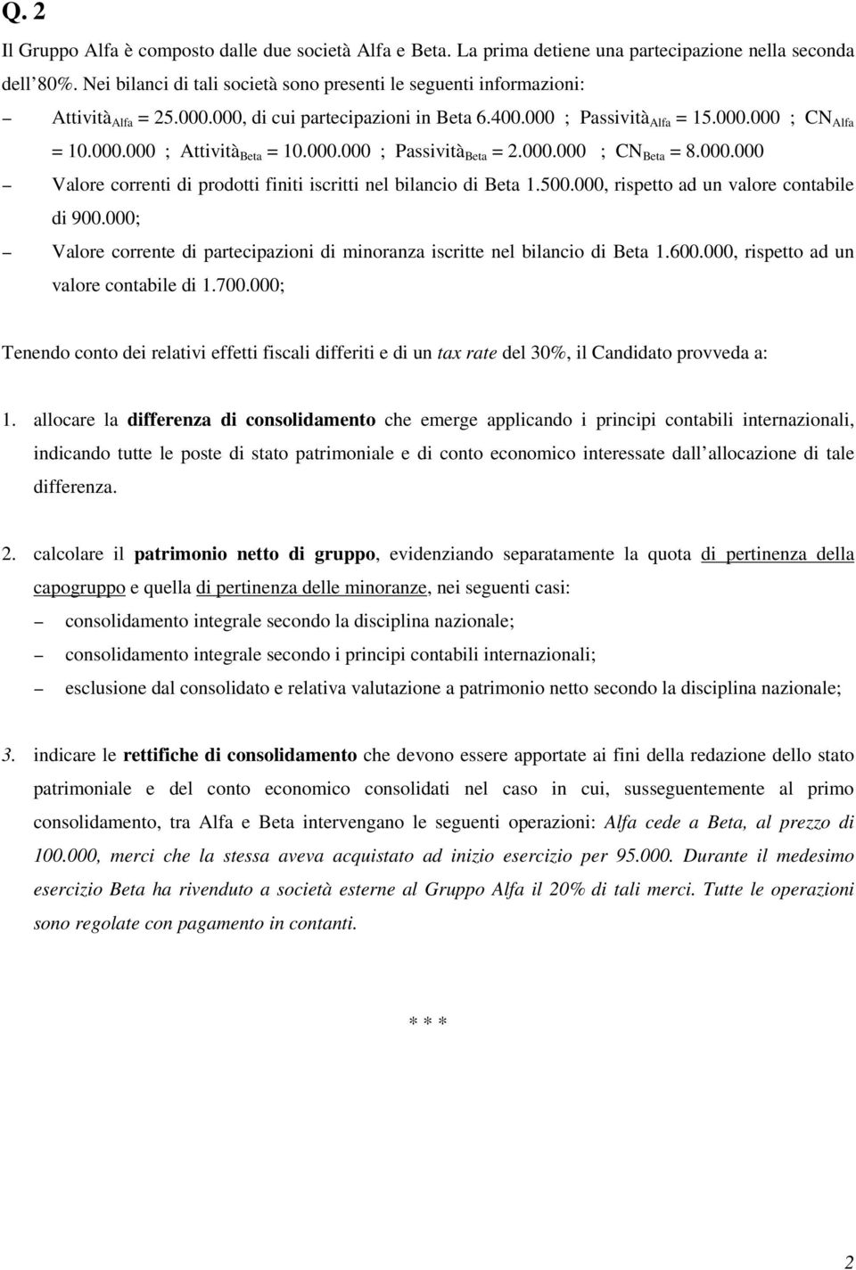 000.000 ; Passività Beta = 2.000.000 ; CN Beta = 8.000.000 Valore correnti di prodotti finiti iscritti nel bilancio di Beta 1.500.000, rispetto ad un valore contabile di 900.