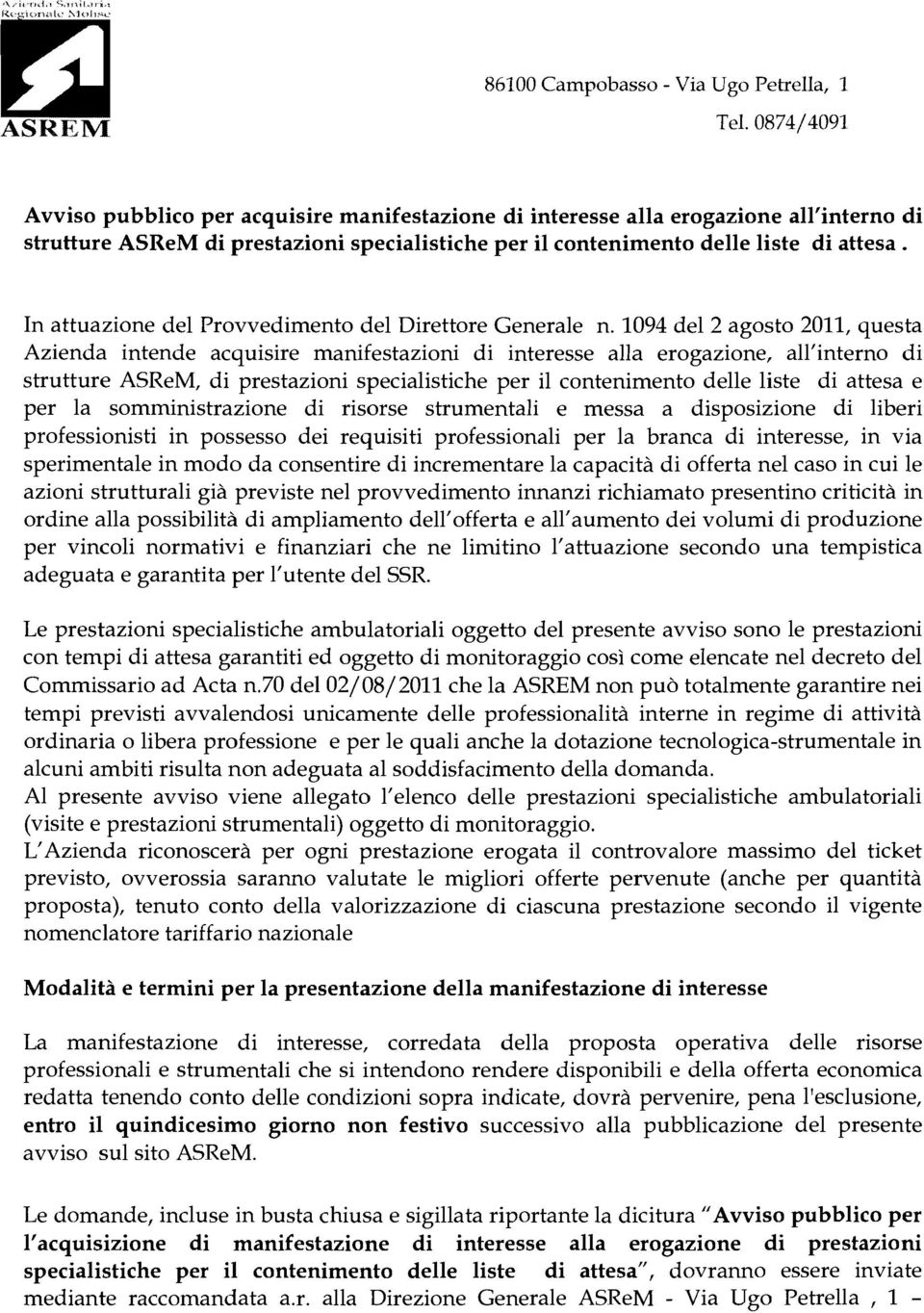 contenimento delle liste di attesa. In attuazione del Provvedimento del Direttore Generale n.