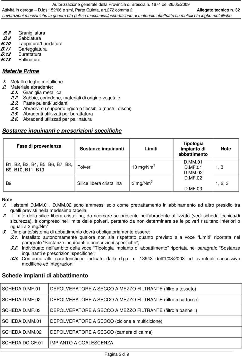 Abradenti utilizzati per pallinatura Sostanze inquinanti e prescrizioni specifiche Fase di provenienza Note 1. I sistemi D.MM.