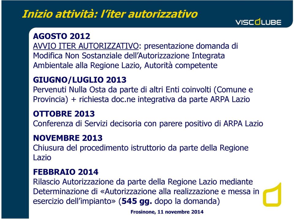 ne integrativa da parte ARPA Lazio OTTOBRE 2013 Conferenza di Servizi decisoria con parere positivo di ARPA Lazio NOVEMBRE 2013 Chiusura del procedimento istruttorio da parte