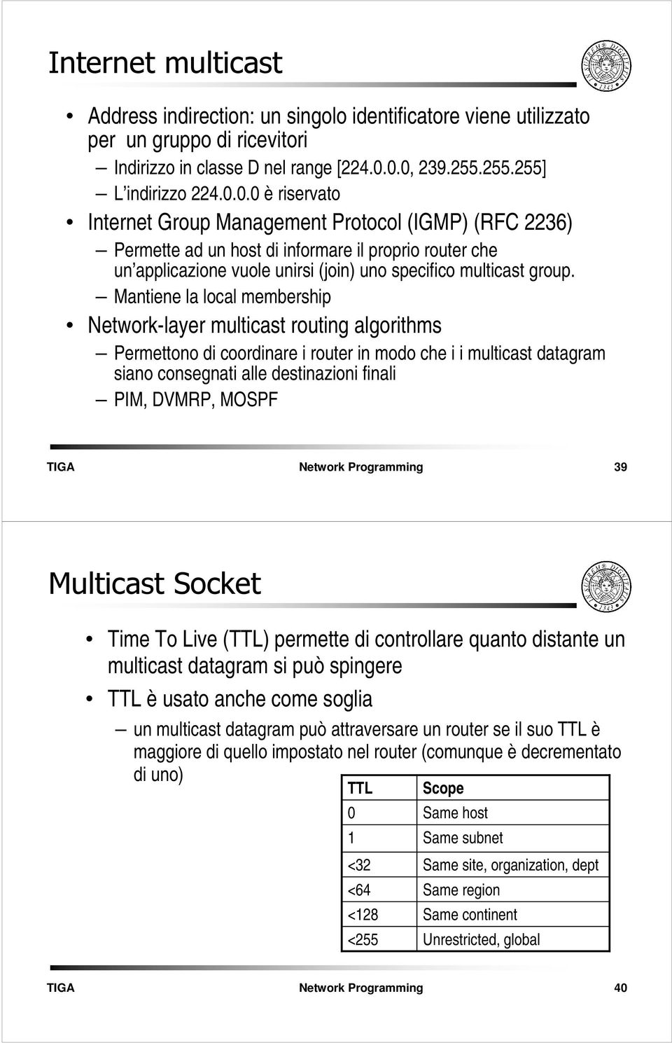 Mantiene la local membership Network-layer multicast routing algorithms Permettono di coordinare i router in modo che i i multicast datagram siano consegnati alle destinazioni finali PIM, DVMRP,