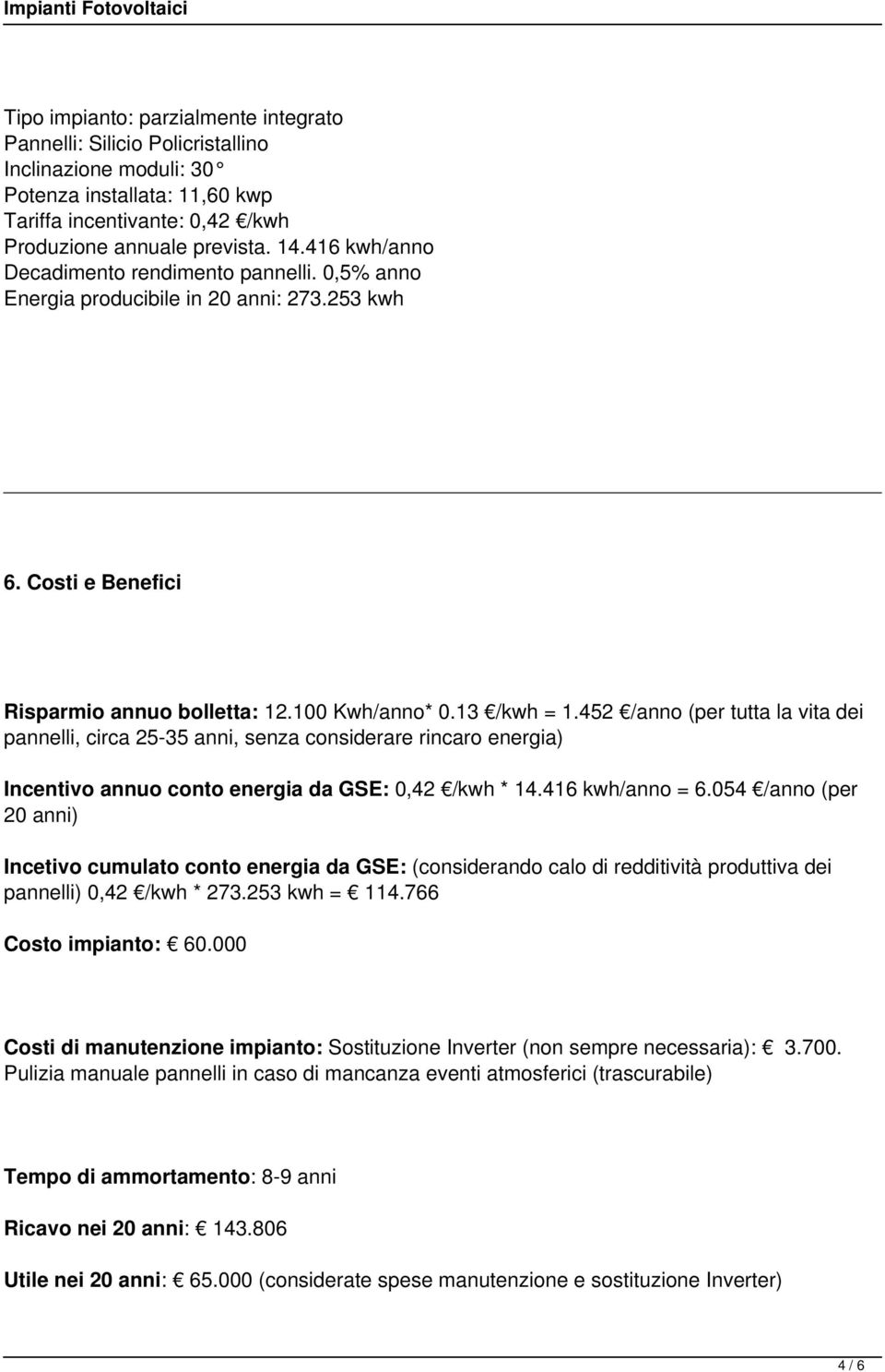 452 /anno (per tutta la vita dei pannelli, circa 25-35 anni, senza considerare rincaro energia) Incentivo annuo conto energia da GSE: 0,42 /kwh * 14.416 kwh/anno = 6.