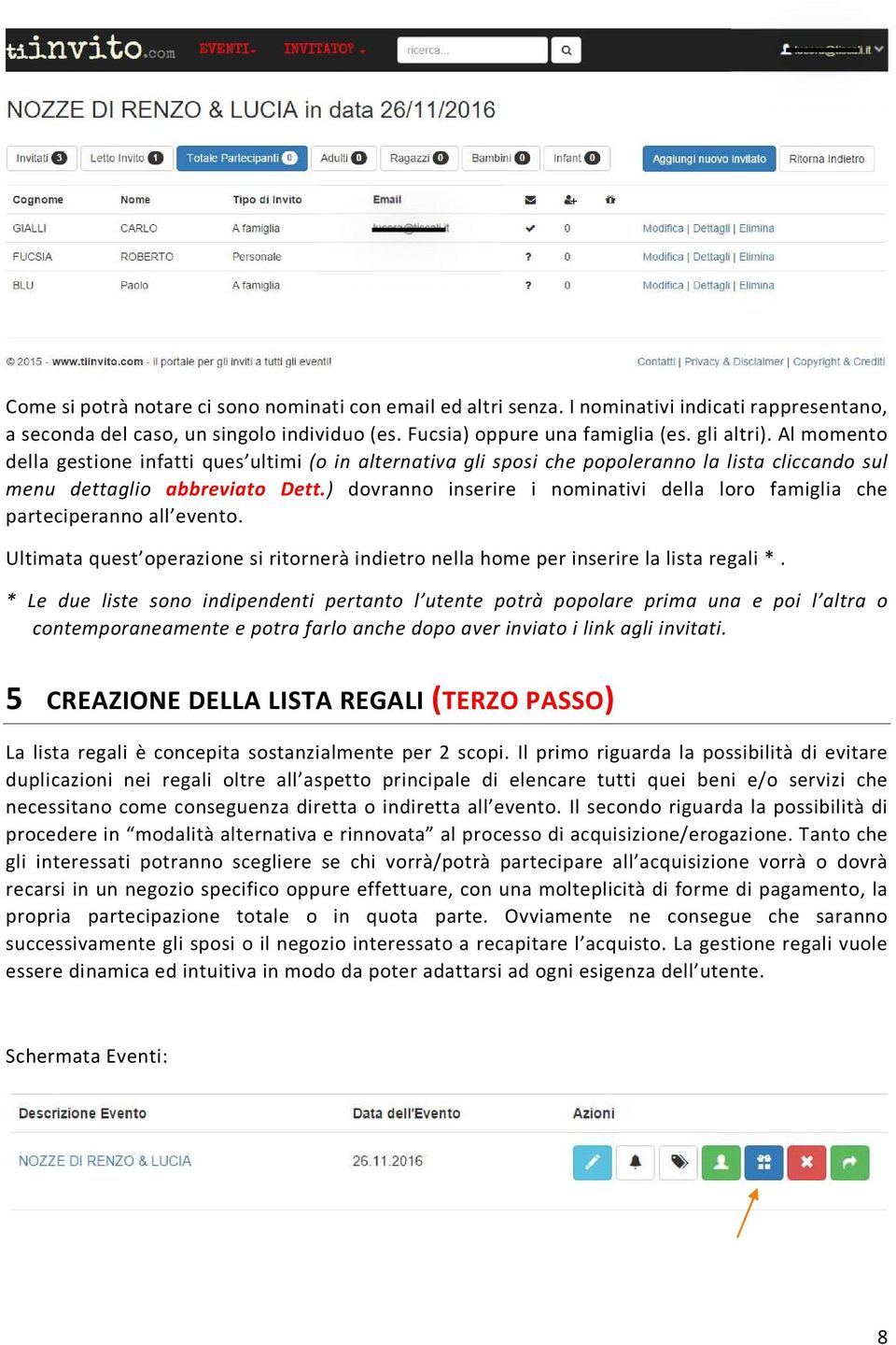 ) dovranno inserire i nominativi della loro famiglia che parteciperanno all evento. Ultimata quest operazione si ritornerà indietro nella home per inserire la lista regali *.