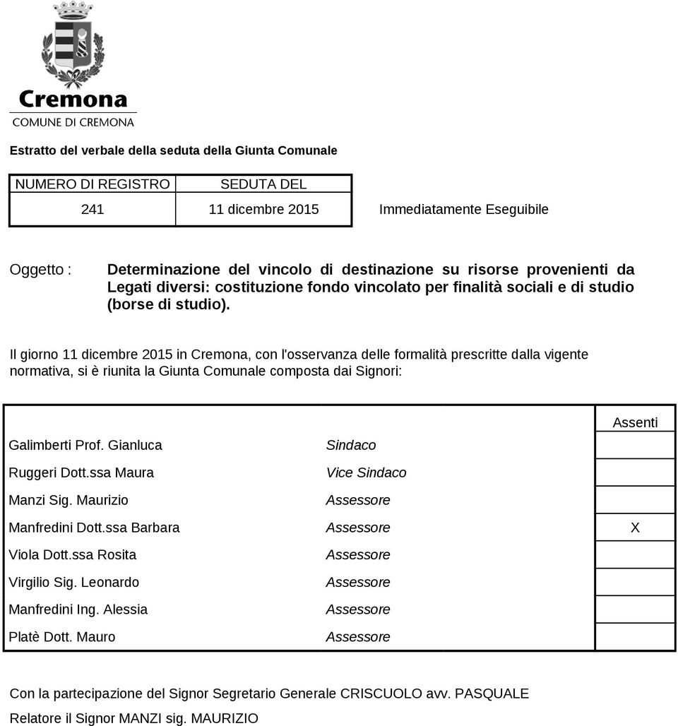 Il giorno 11 dicembre 2015 in Cremona, con l'osservanza delle formalità prescritte dalla vigente normativa, si è riunita la Giunta Comunale composta dai Signori: Galimberti Prof.