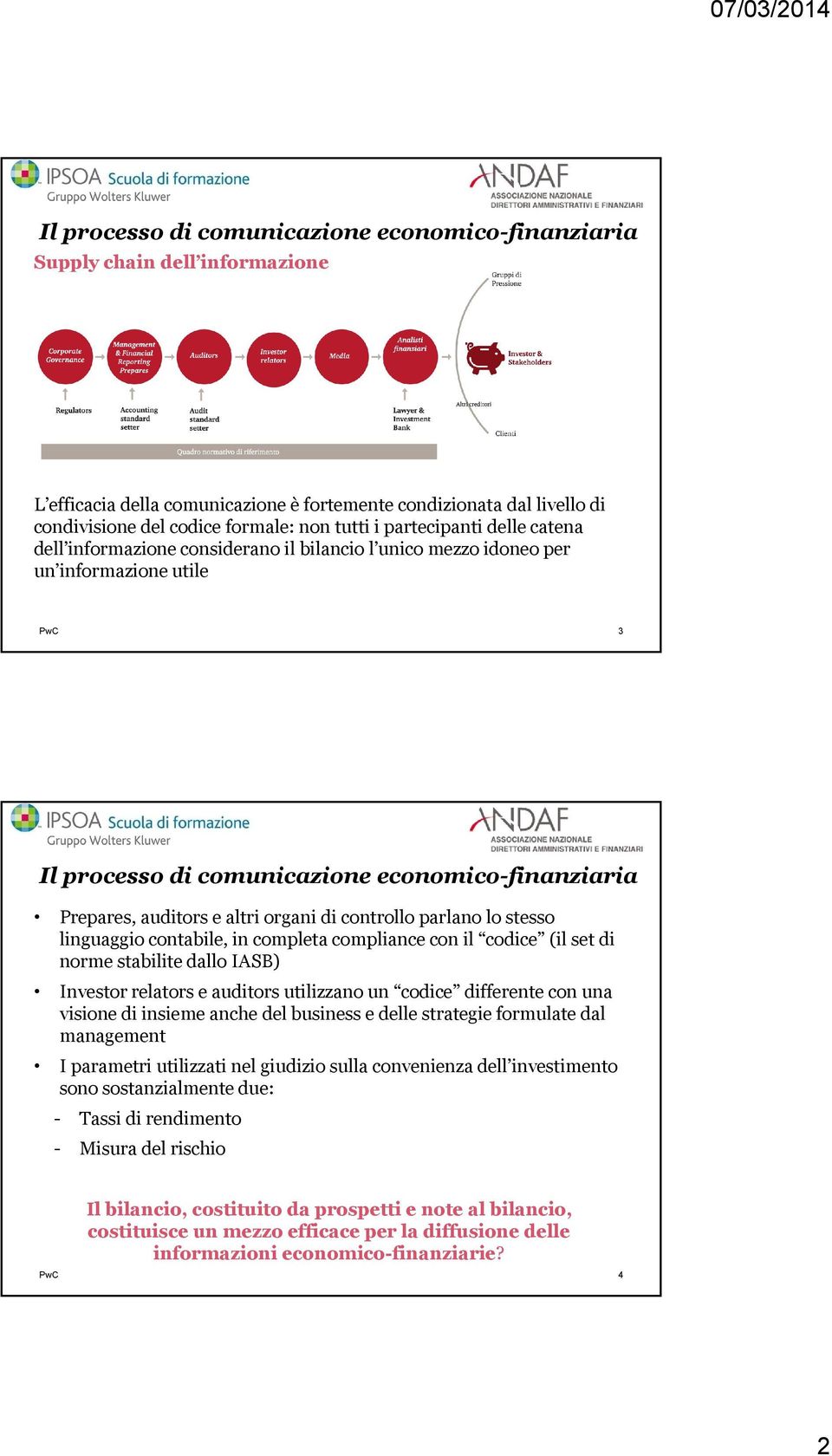 organi di controllo parlano lo stesso linguaggio contabile, in completa compliance con il codice (il set di norme stabilite dallo IASB) Investor relators e auditors utilizzano un codice differente