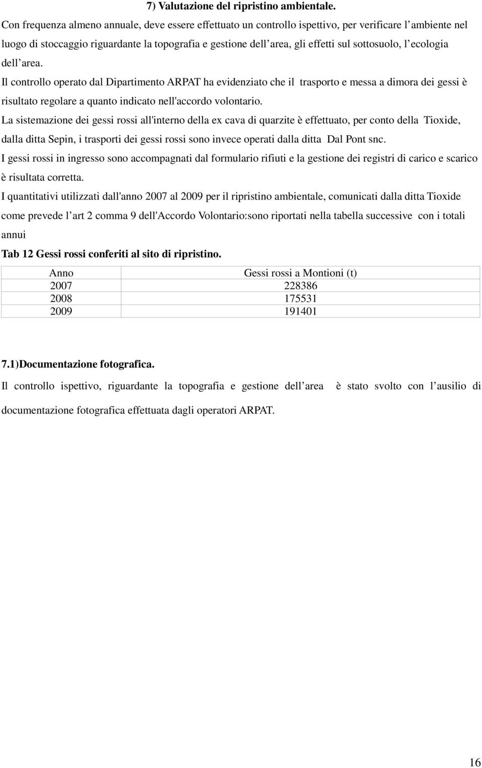 sottosuolo, l ecologia dell area. Il controllo operato dal Dipartimento ARPAT ha evidenziato che il trasporto e messa a dimora dei gessi è risultato regolare a quanto indicato nell'accordo volontario.