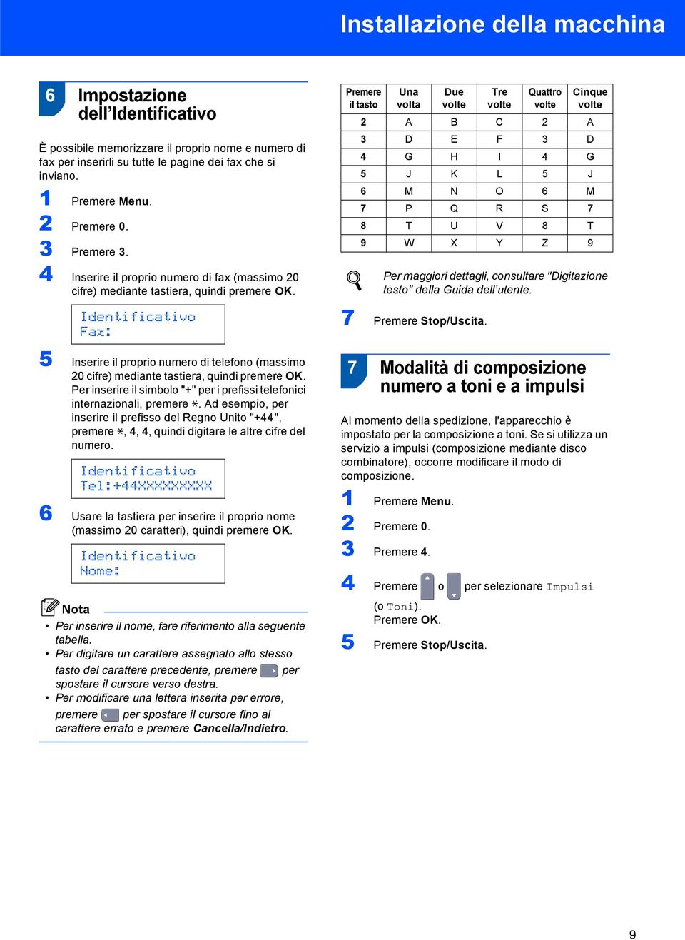 Identificativo Fax: 5 Inserire il proprio numero di telefono (massimo 20 cifre) mediante tastiera, quindi premere OK. Per inserire il simbolo "+" per i prefissi telefonici internazionali, premere l.