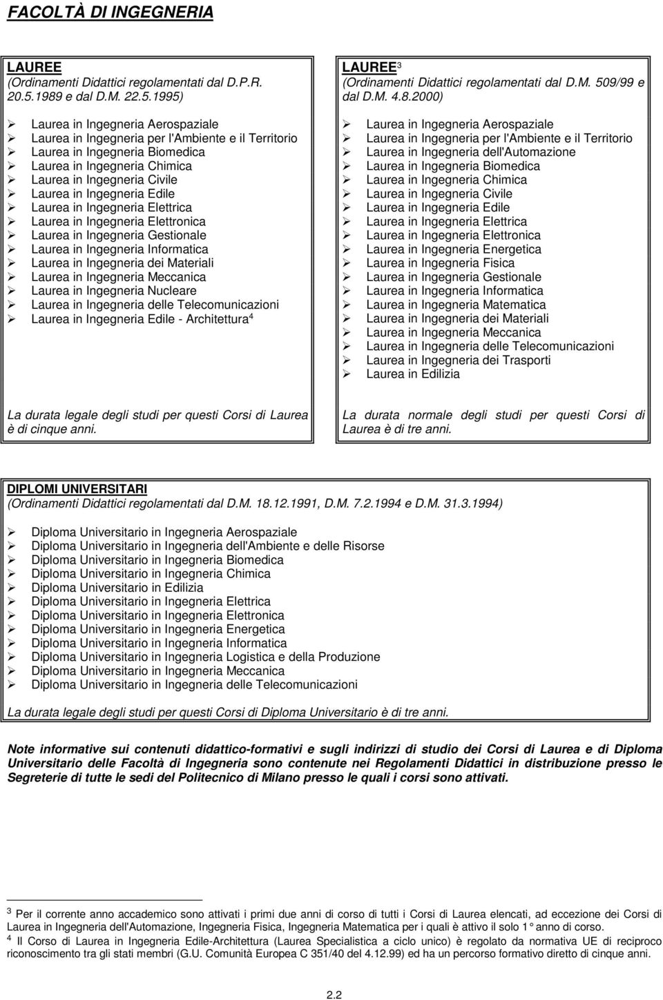 Laurea in delle Telecomunicazioni! Laurea in Edile - Architettura 4 LAUREE 3 (Ordinamenti Didattici regolamentati dal D.M. 509/99 e dal D.M. 4.8.2000)! Laurea in Aerospaziale!