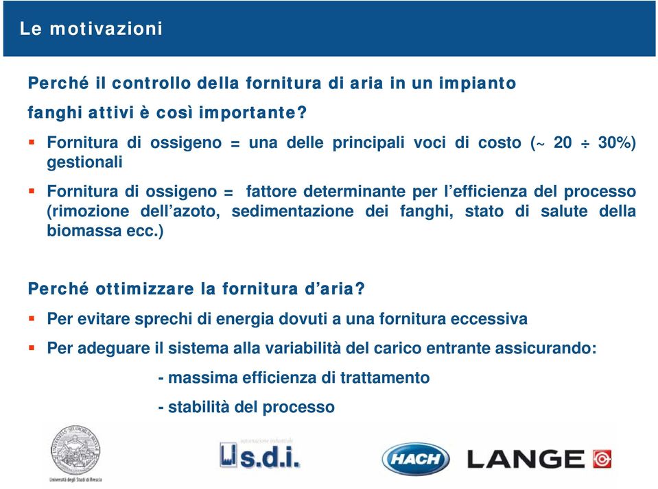 processo (rimozione dell azoto, sedimentazione dei fanghi, stato di salute della biomassa ecc.) Perché ottimizzare la fornitura d aria?