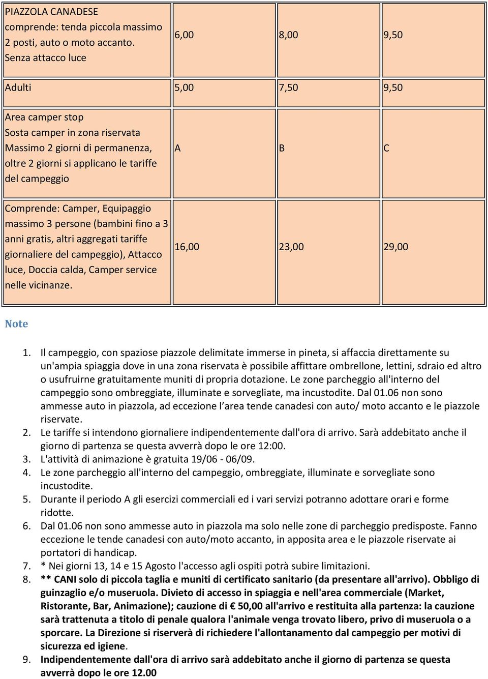 Camper, Equipaggio massimo 3 persone (bambini fino a 3 anni gratis, altri aggregati tariffe giornaliere del campeggio), Attacco luce, Doccia calda, Camper service nelle vicinanze.