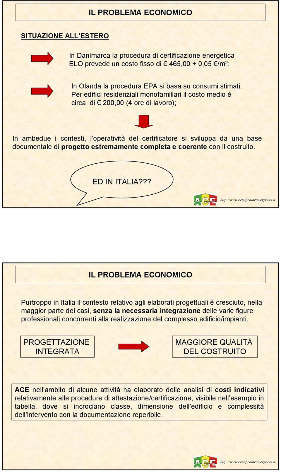 Per edifici residenziali monofamiliari il costo medio è circa di 200,00 (4 ore di lavoro); In ambedue i contesti, l operatività del certificatore si sviluppa da una base documentale di progetto