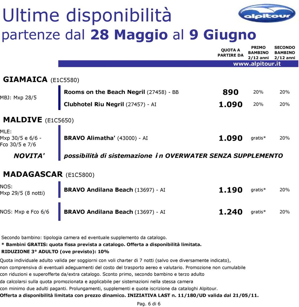 090 20% NOVITA' possibilità di sistemazione i n OVERWATER SENZA SUPPLEMENTO MADAGASCAR (E1C5800) NOS: Mxp 29/5 (8 notti) BRAVO Andilana Beach (13697) - AI 1.