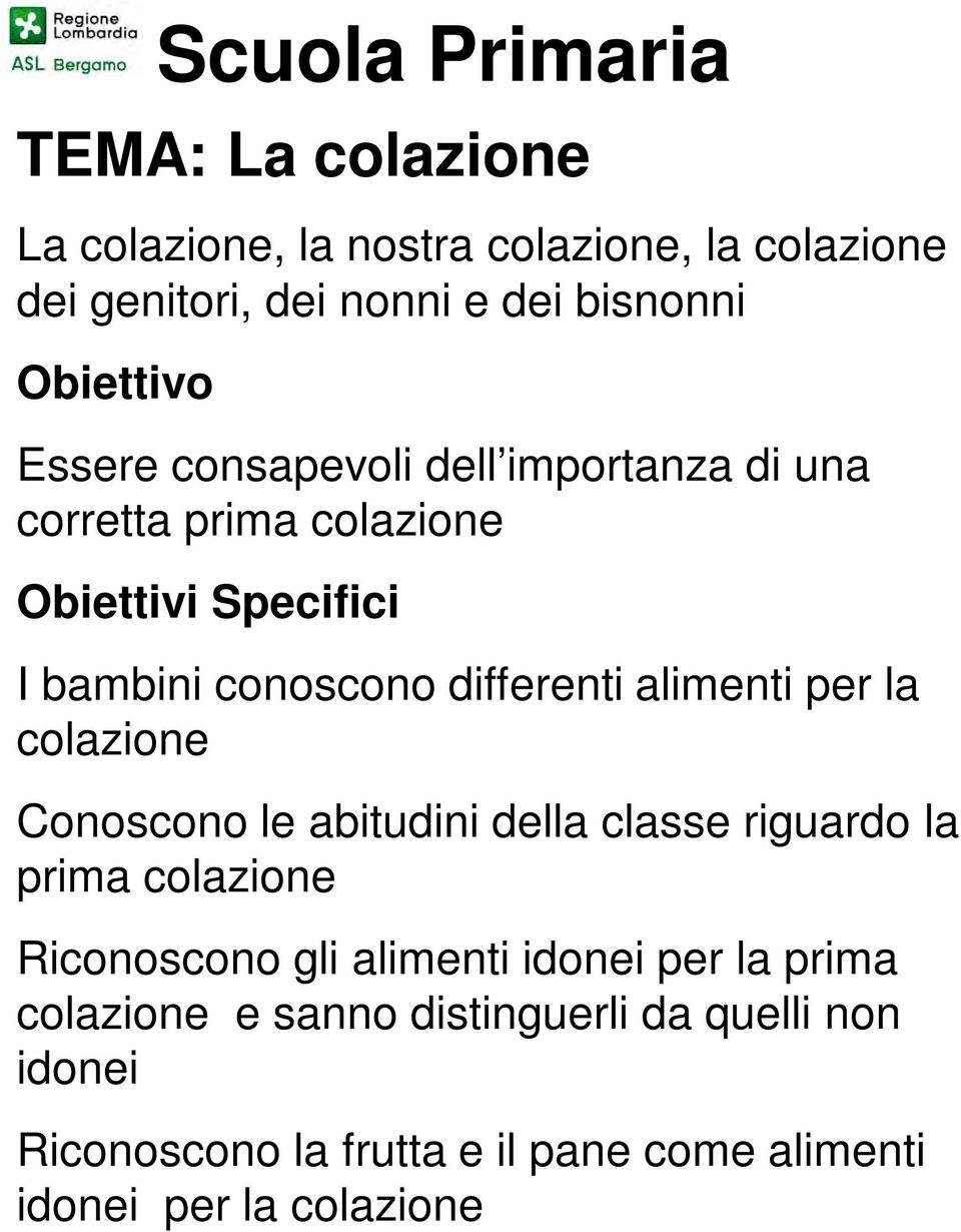 differenti alimenti per la colazione Conoscono le abitudini della classe riguardo la prima colazione Riconoscono gli alimenti