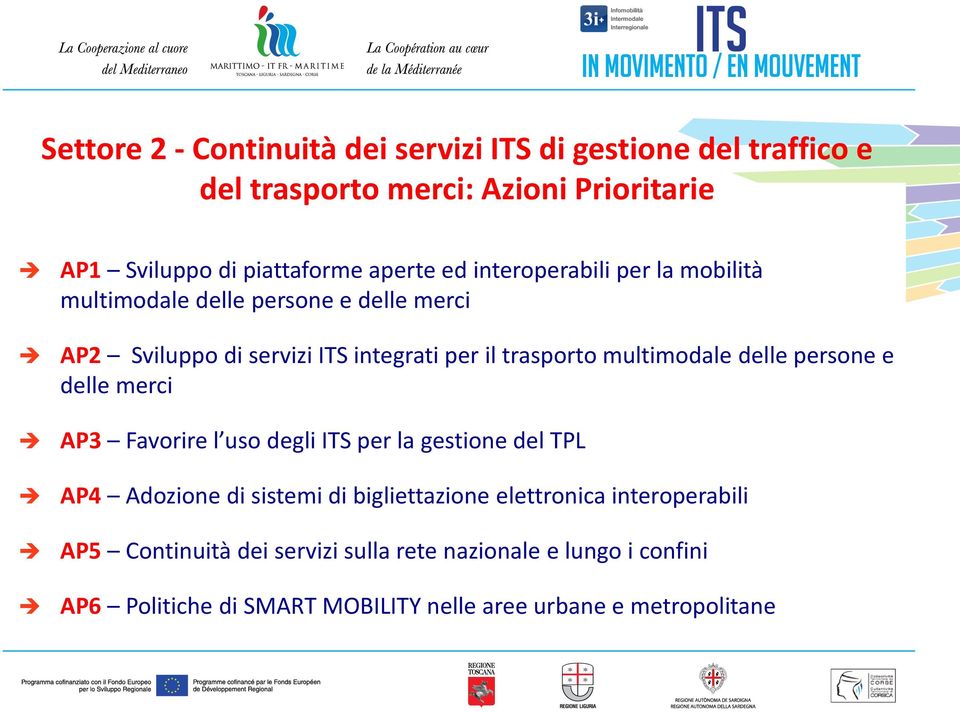 delle persone e delle merci AP3 Favorire l uso degli ITS per la gestione del TPL AP4 Adozione di sistemi di bigliettazione elettronica