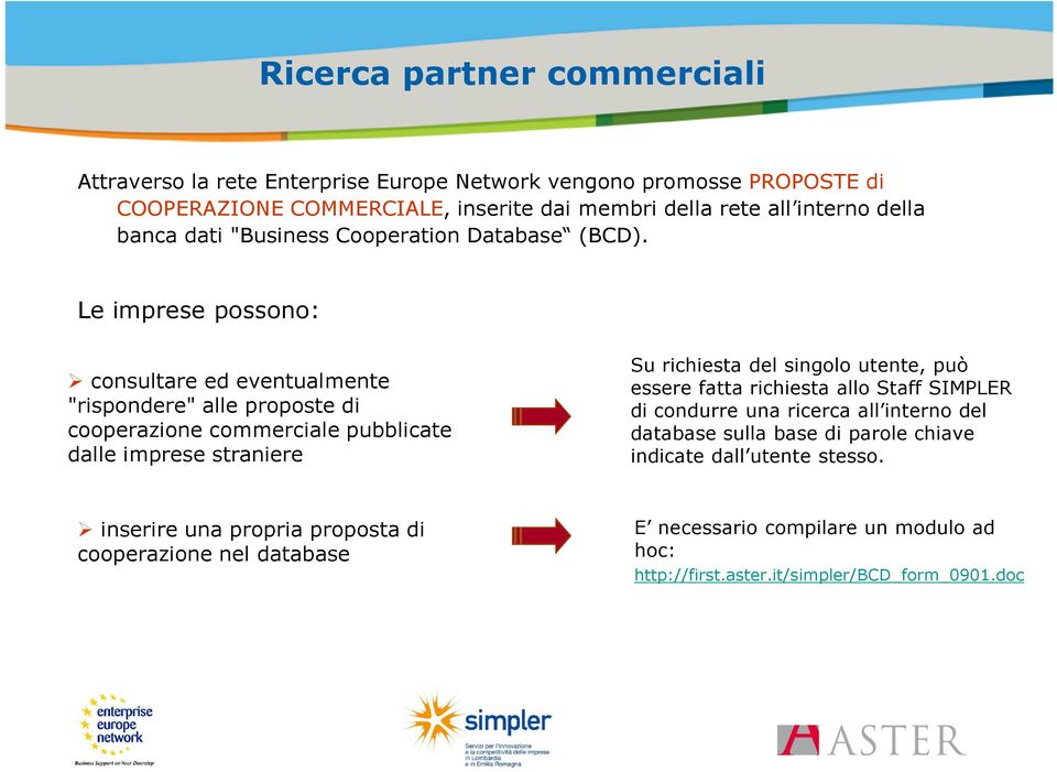 Le imprese possono: consultare ed eventualmente "rispondere" alle proposte di cooperazione commerciale pubblicate dalle imprese straniere Su richiesta del singolo utente,