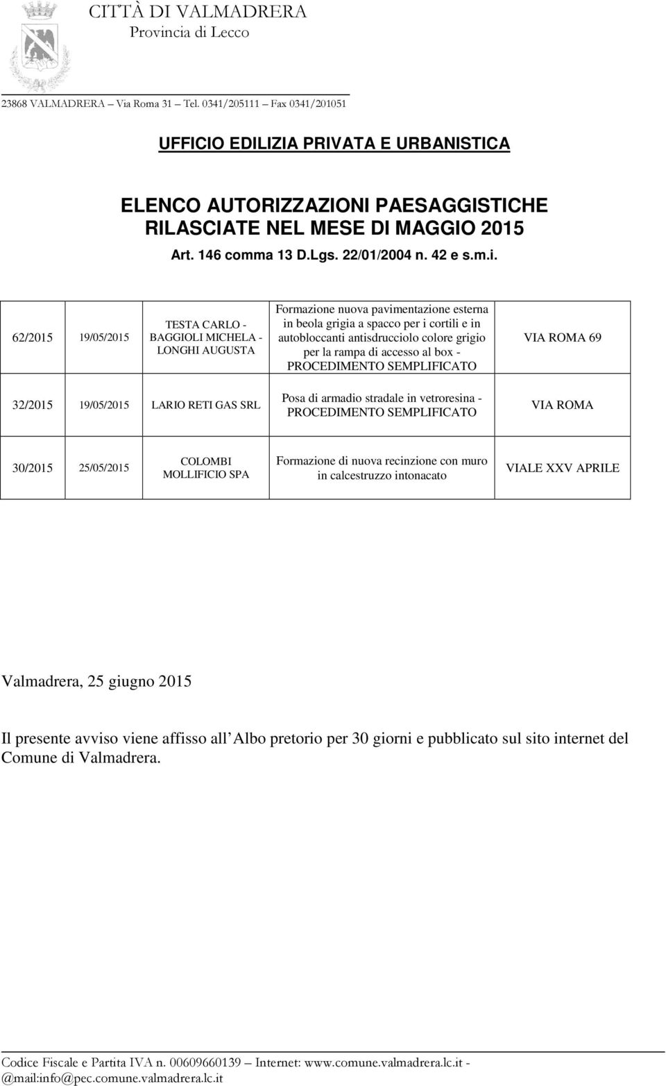 accesso al box - VIA ROMA 69 32/2015 19/05/2015 LARIO RETI GAS SRL Posa di armadio stradale in vetroresina - VIA ROMA 30/2015