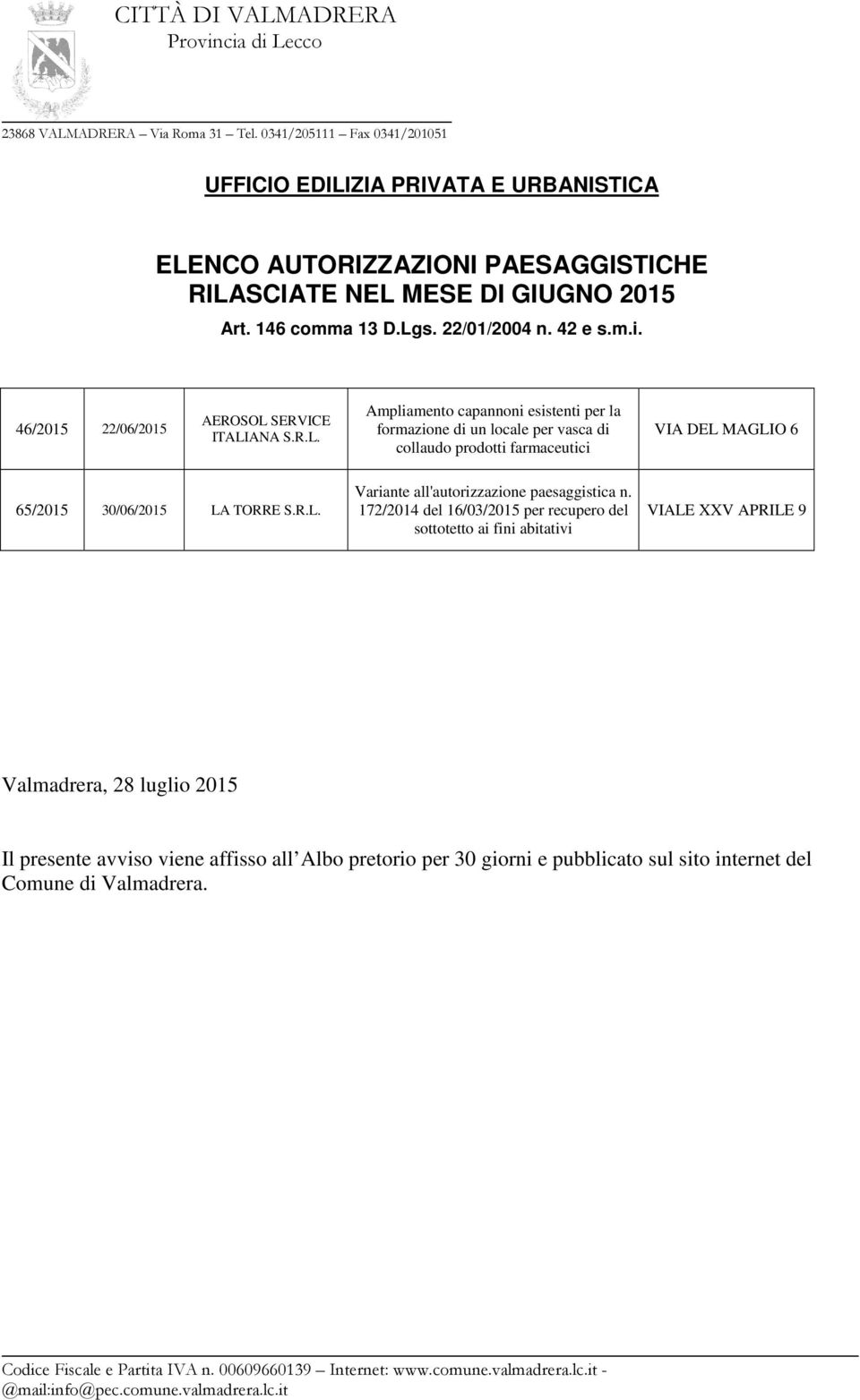 DEL MAGLIO 6 65/2015 30/06/2015 LA TORRE S.R.L. Variante all'autorizzazione paesaggistica n.