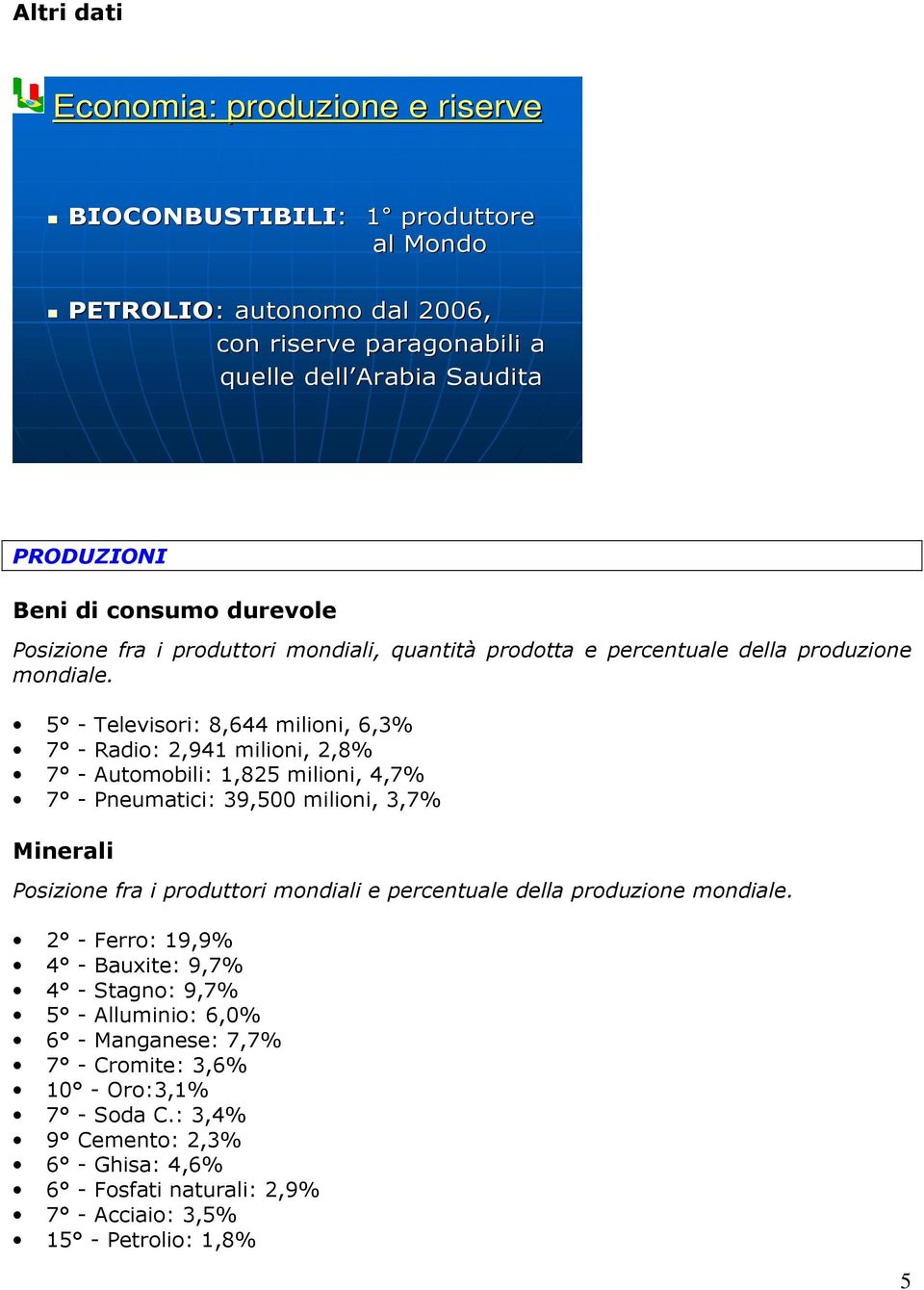 5 - Televisori: 8,644 milioni, 6,3% 7 - Radio: 2,941 milioni, 2,8% 7 - Automobili: 1,825 milioni, 4,7% 7 - Pneumatici: 39,500 milioni, 3,7% Minerali Posizione fra i produttori mondiali e