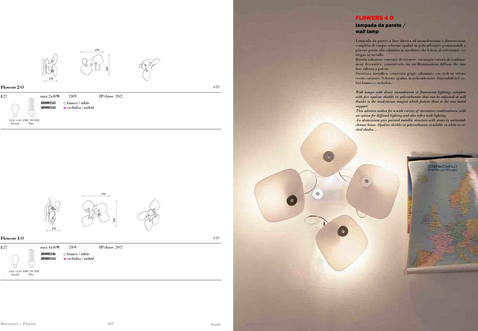 Questa soluzione consente di ottenere un ampia varietà di combinazioni decorative, consentendo sia un illuminazione diffusa che una luce riflessa a parete.