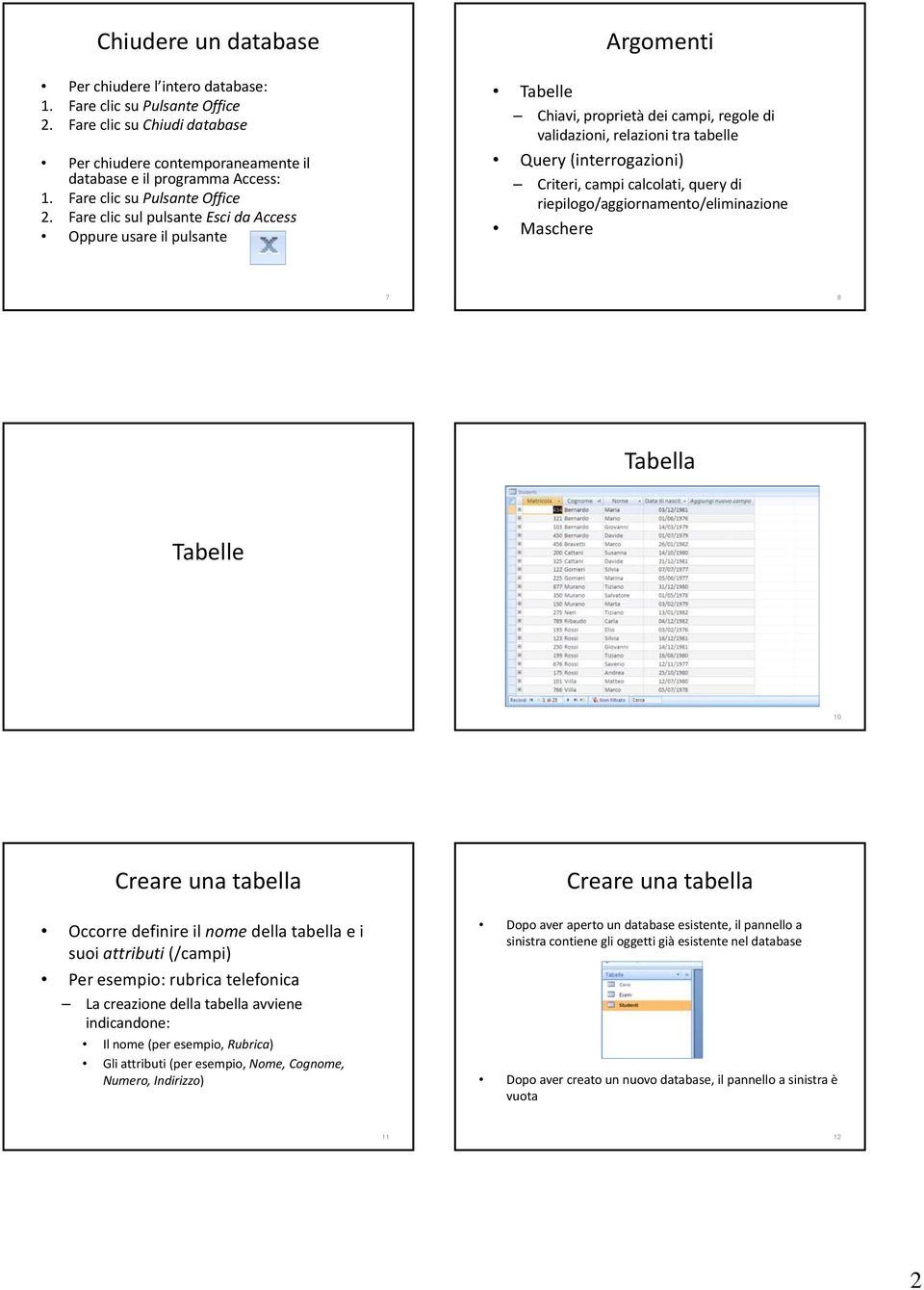 Fare clic sul pulsante Esci da Access Oppure usare il pulsante Argomenti Tabelle Chiavi, proprietà dei campi, regole di validazioni, relazioni tra tabelle Query (interrogazioni) i i) Criteri, campi