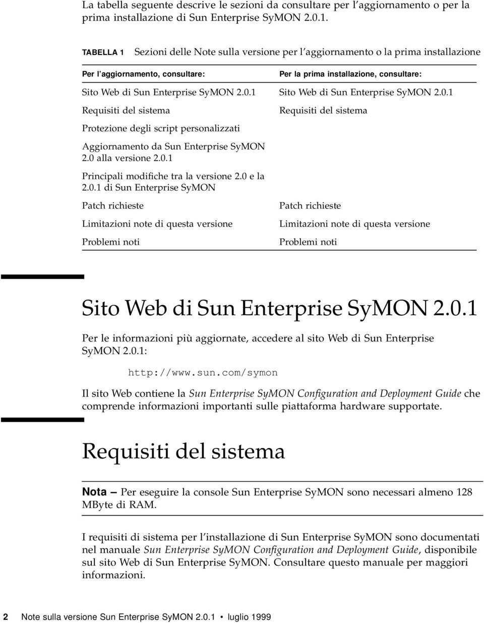 1 Sito Web di Sun Enterprise SyMON 2.0.1 Requisiti del sistema Protezione degli script personalizzati Aggiornamento da Sun Enterprise SyMON 2.0 alla versione 2.0.1 Principali modifiche tra la versione 2.