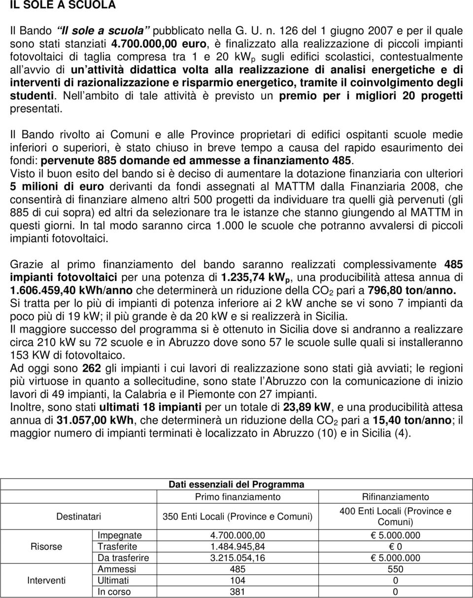 alla realizzazione di analisi energetiche e di interventi di razionalizzazione e risparmio energetico, tramite il coinvolgimento degli studenti.