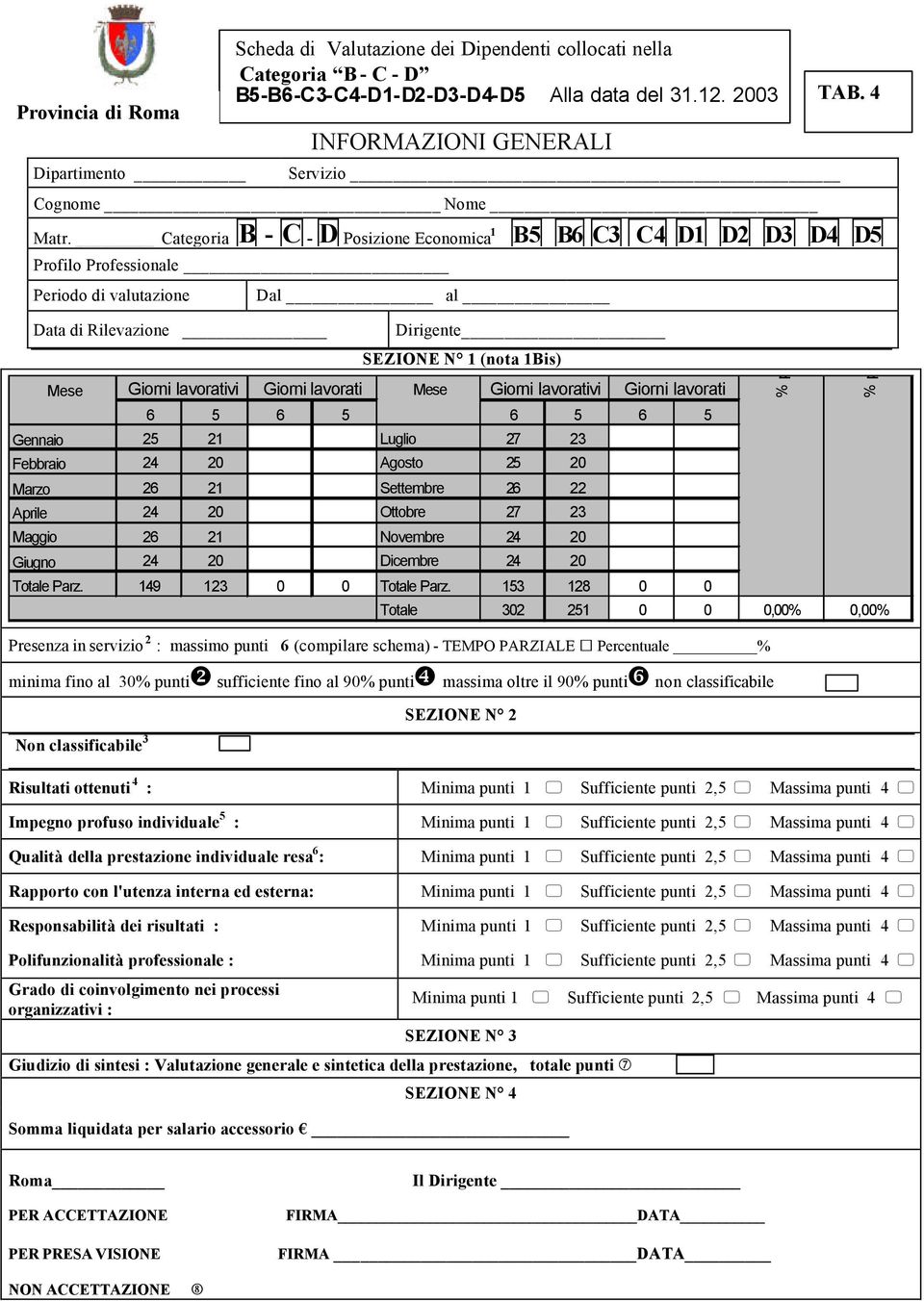 lavorativi Giorni lavorati Giorni lavorativi Giorni lavorati Presenza in servizio 2 : massimo punti 6 (compilare schema) - TEMPO PARZIALE Percentuale % minima fino al 30% punti❷ sufficiente fino al