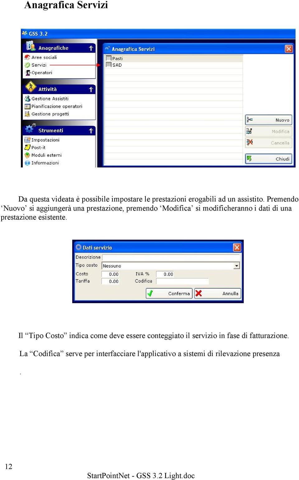 Premendo Nuovo si aggiungerà una prestazione, premendo Modifica si modificheranno i dati di una