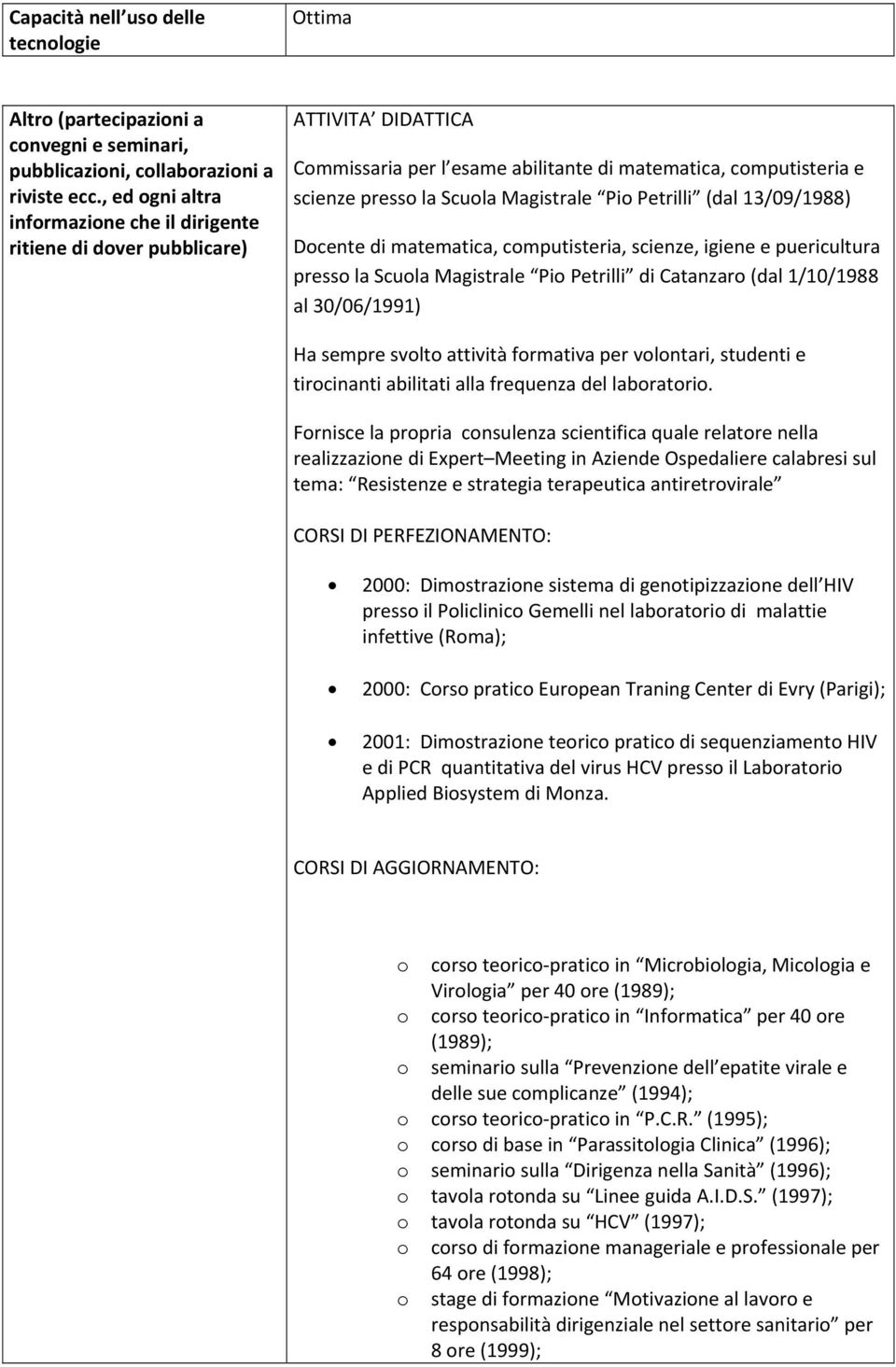 Petrilli (dal 13/09/1988) Docente di matematica, computisteria, scienze, igiene e puericultura presso la Scuola Magistrale Pio Petrilli di Catanzaro (dal 1/10/1988 al 30/06/1991) Ha sempre svolto