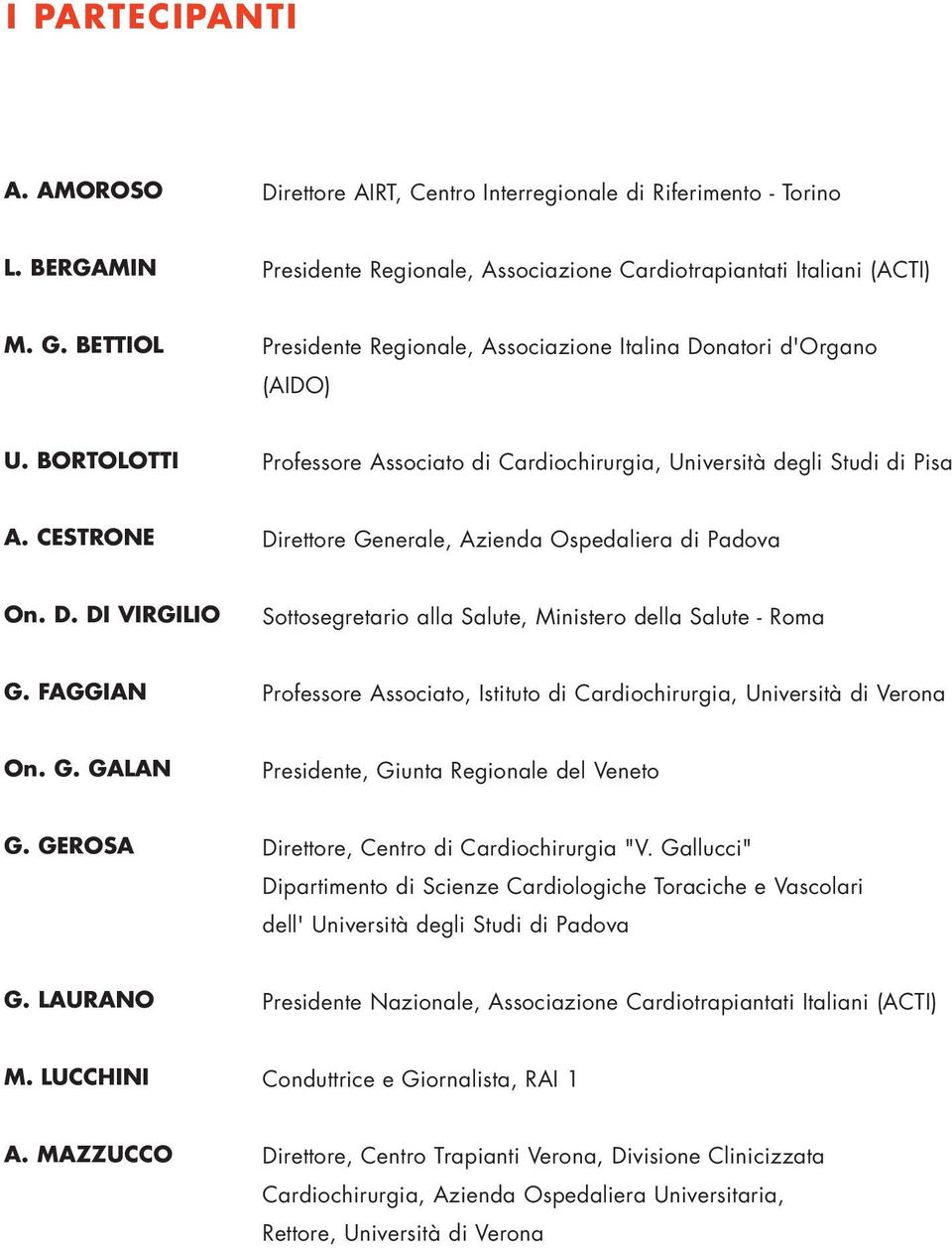 CESTRONE Direttore Generale, Azienda Ospedaliera di Padova On. D. DI VIRGILIO Sottosegretario alla Salute, Ministero della Salute - Roma G.