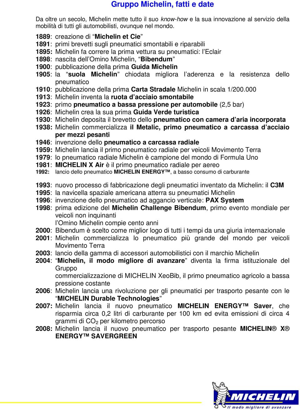 Bibendum 1900: pubblicazione della prima Guida Michelin 1905: la suola Michelin chiodata migliora l aderenza e la resistenza dello pneumatico 1910: pubblicazione della prima Carta Stradale Michelin