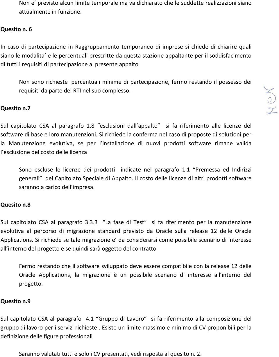 tutti i requisiti di partecipazione al presente appalto Non sono richieste percentuali minime di partecipazione, fermo restando il possesso dei requisiti da parte del RTI nel suo complesso. Quesito n.