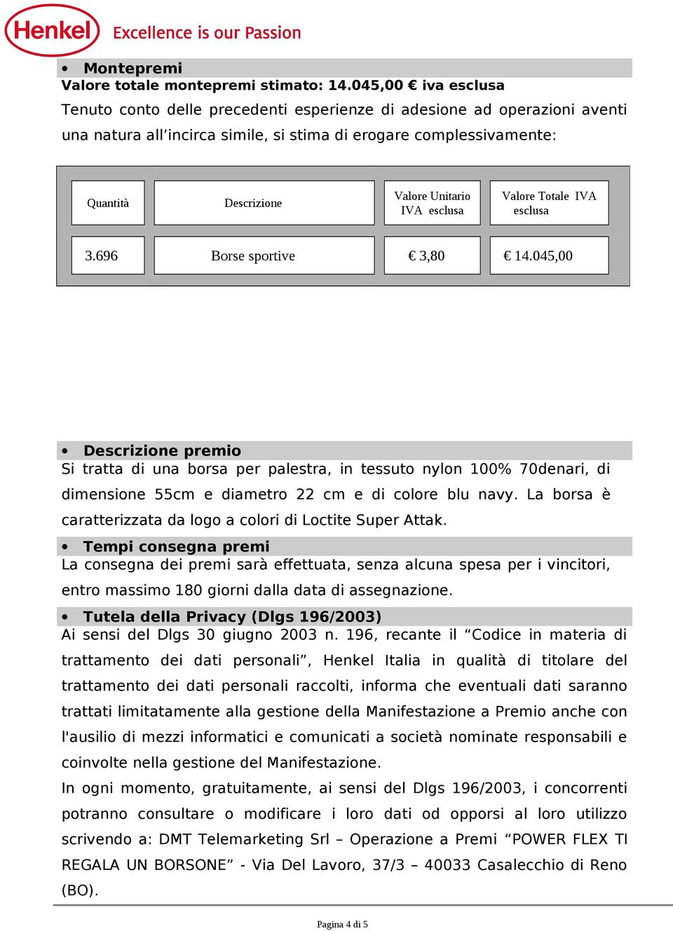 IVA esclusa Valore Totale IVA esclusa 3.696 Borse sportive 3,80 14.