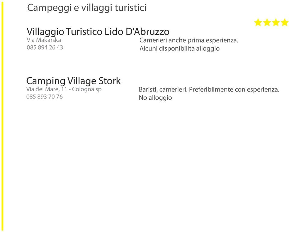 Alcuni disponibilità alloggio Camping Village Stork Via del Mare, 11 -
