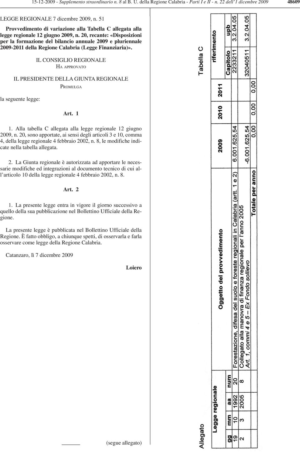 20, recante: «Disposizioni per la formazione del bilancio annuale 2009 e pluriennale 2009-2011 della Regione Calabria (Legge Finanziaria)».
