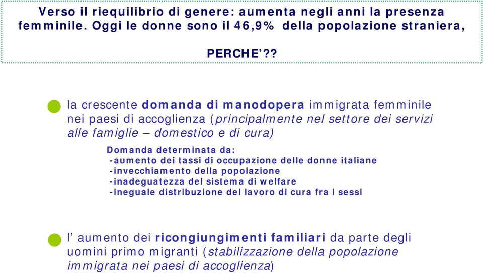 Domanda determinata da: -aumento dei tassi di occupazione delle donne italiane -invecchiamento della popolazione -inadeguatezza del sistema di welfare -ineguale