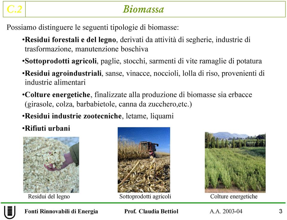 lolla di riso, provenienti di industrie alimentari Colture energetiche, finalizzate alla produzione di biomasse sia erbacce (girasole, colza,