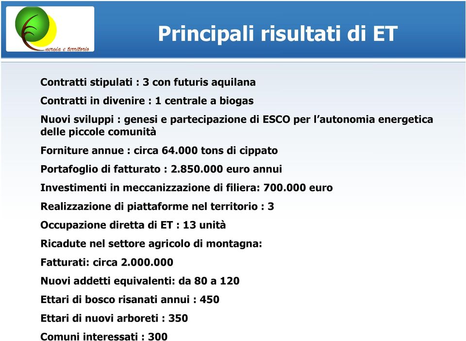 000 euro annui Investimenti in meccanizzazione di filiera: 700.