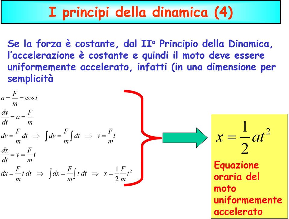 dimensione per semplicità a= dv dt dv= dx dt dx= F m = a= F m = v= F m = cost dt F m F m tdt t
