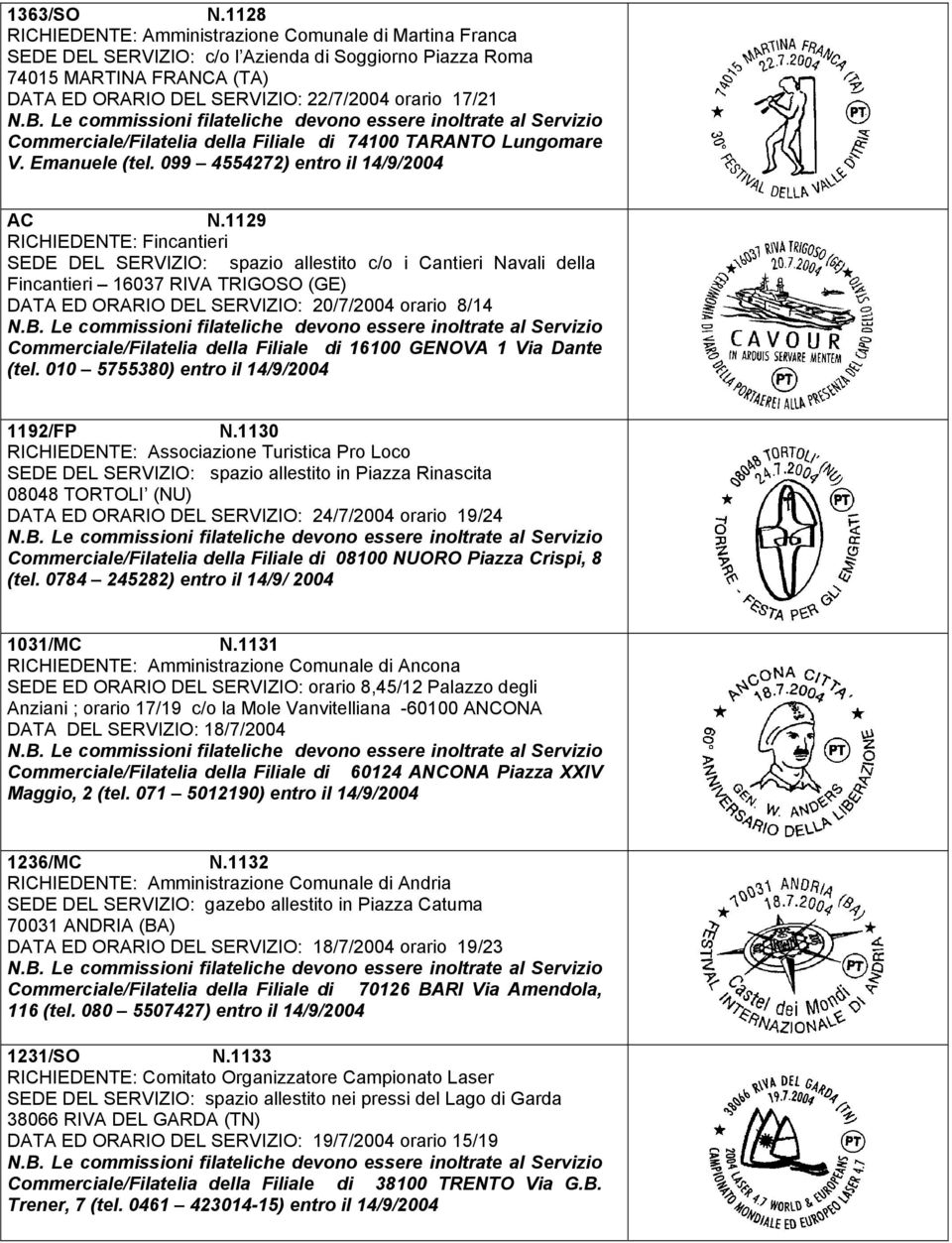 Commerciale/Filatelia della Filiale di 74100 TARANTO Lungomare V. Emanuele (tel. 099 4554272) entro il 14/9/2004 AC N.
